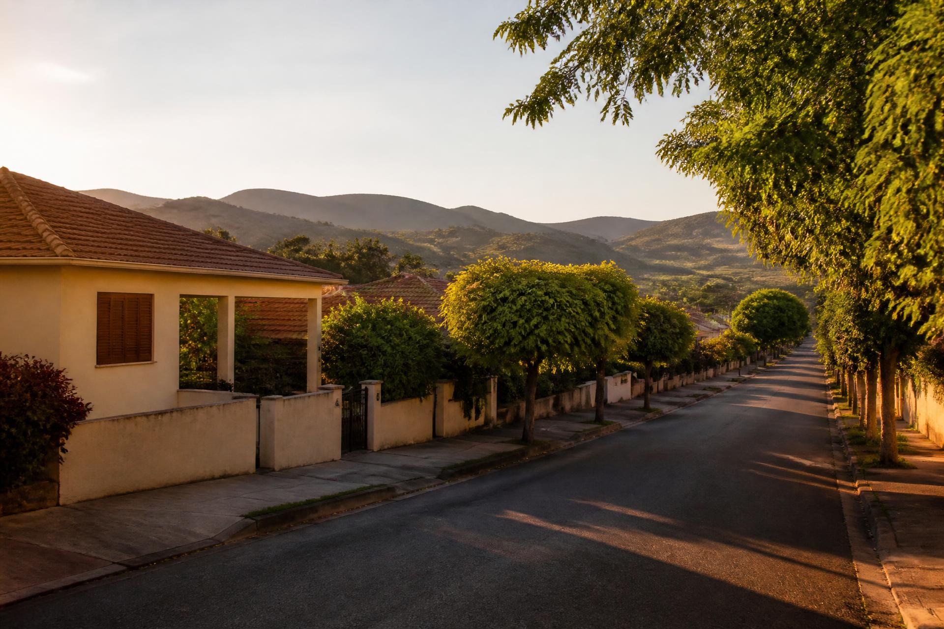 Rua residencial arborizada com casas e montanhas ao fundo, no interior de Minas Gerais