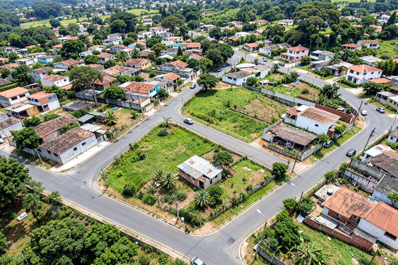 Vista aérea de bairro com lotes, ruas asfaltadas e casas em cidade do interior